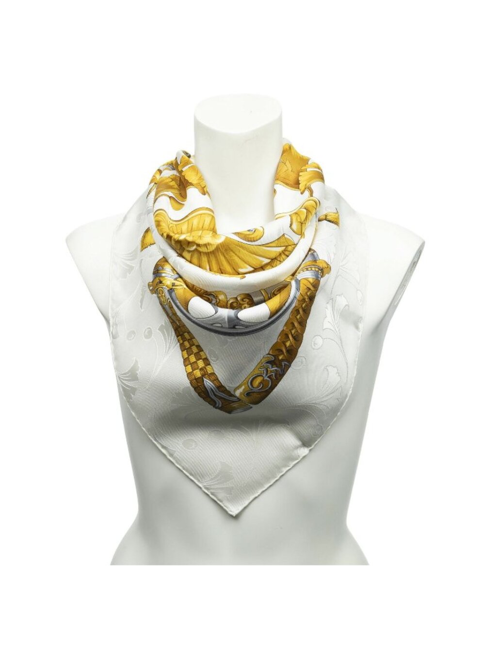 Hermes Scarf White Gold Gray Jacquard Silk
